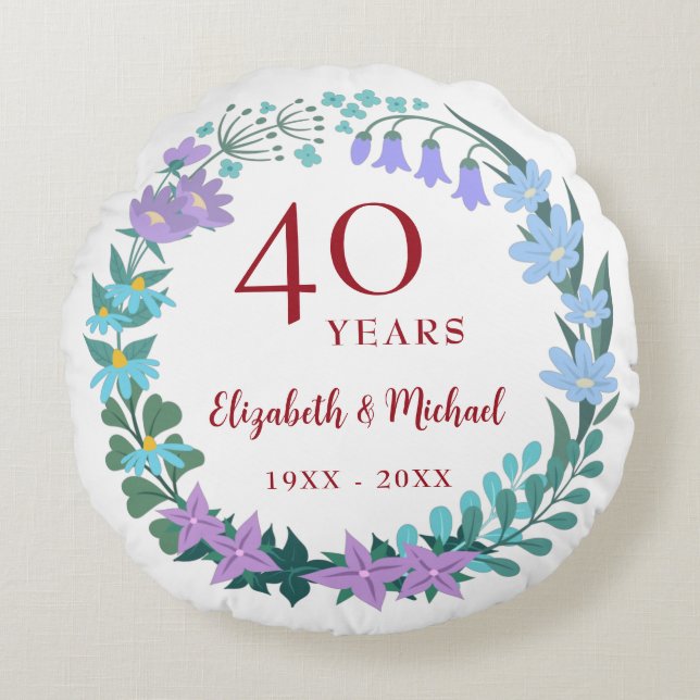 Coussins Ronds 40e Anniversaire Ruby Floral Bluebell Lilac Wreath (Devant)