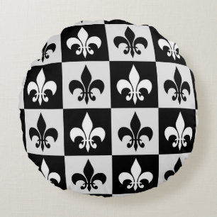 Coussins Ronds à damiers Blanc Noir Fleur-De-Lis Motif