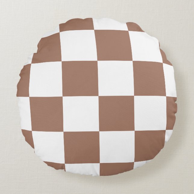 Coussins Ronds à damiers Motif en Blanc et Mocha Mousse (Devant)