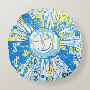 Coussins Ronds Abstrait Happy Whimsical Sun Word Art