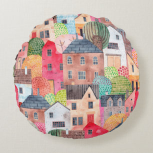 Coussins Ronds Abstrait motif sans couture avec maisons. Aquarell