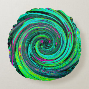 Coussins Ronds Abstrait Rétro Groovy Tourbillon Vert et Magenta