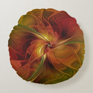 Coussins Ronds Abstrait Rouge Orange Brown Vert Fractal Art Flowe
