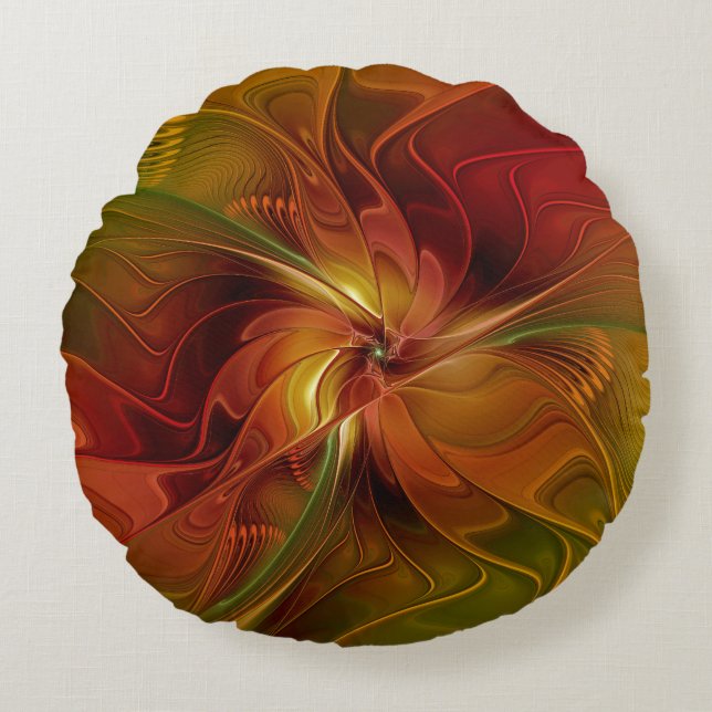 Coussins Ronds Abstrait Rouge Orange Brown Vert Fractal Art Flowe (Devant)