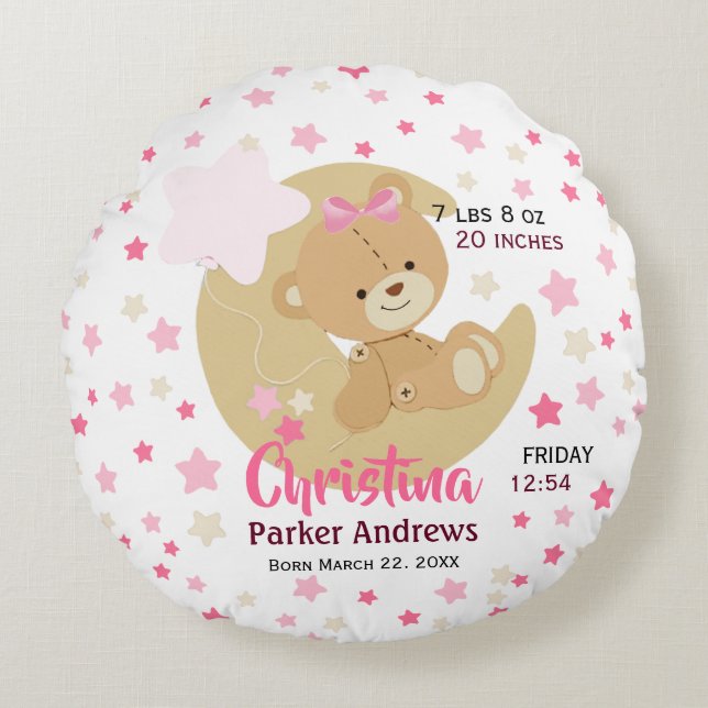 Coussins Ronds Adorable Teddy Bear Baby Girl Stats de naissance (Devant)
