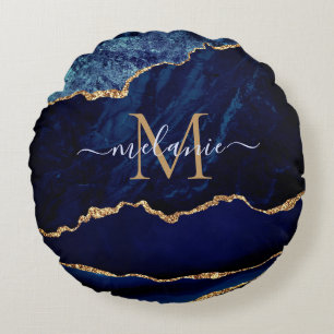 Coussins Ronds Agate Marine Blue Gold Gemstone Marbre Votre nom