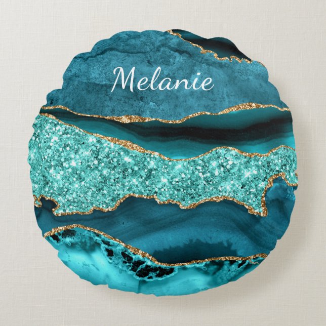 Coussins Ronds Agate Turquoise Gold Parties scintillant Aqua Nom  (Devant)