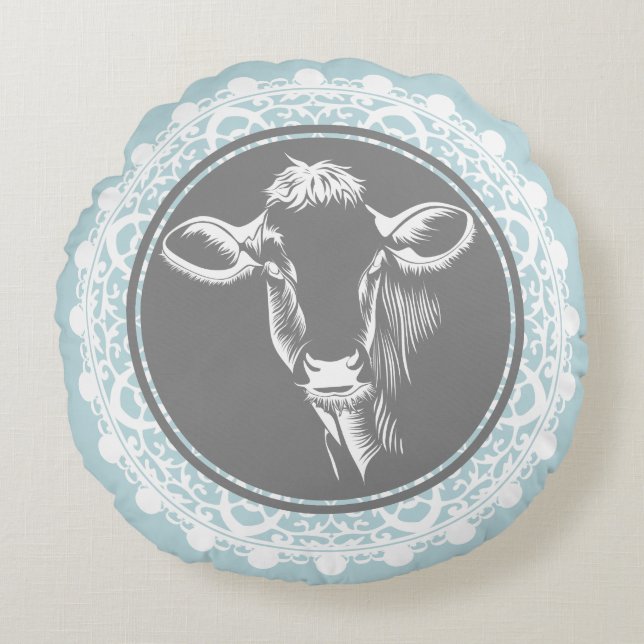 Coussins Ronds Agritourisme Bleu et blanc Vache blanche (Devant)