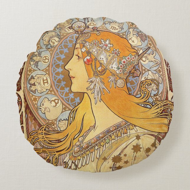 Coussins Ronds Alfonse Mucha Zodiac Art nouveau femme (Devant)