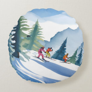 Coussins Ronds Allons Ski Peinture Aquarelle d'Hiver