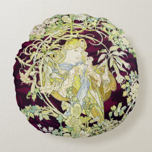 Coussins Ronds Alphonse Mucha Femme au marguerite Art nouveau Art