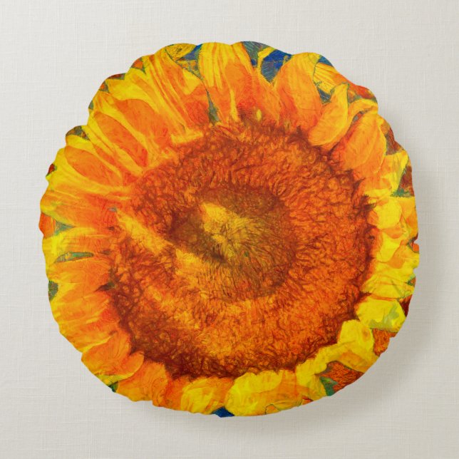 Coussins Ronds Aménagement tournesol. Imitation style Van Gogh.  (Devant)