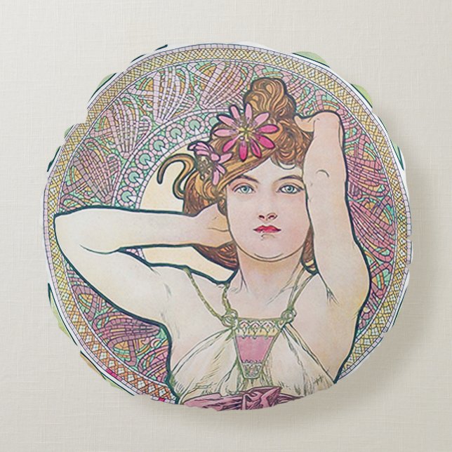 Coussins Ronds Améthyste (Quatre Bijoux), Alphonse Mucha Throw Pi (Devant)