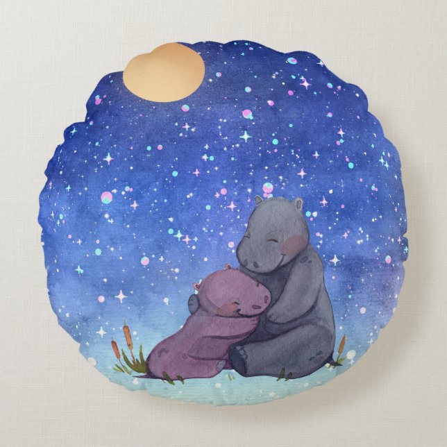 Coussins Ronds Amour, Baby Hippo et sa mère (Devant)