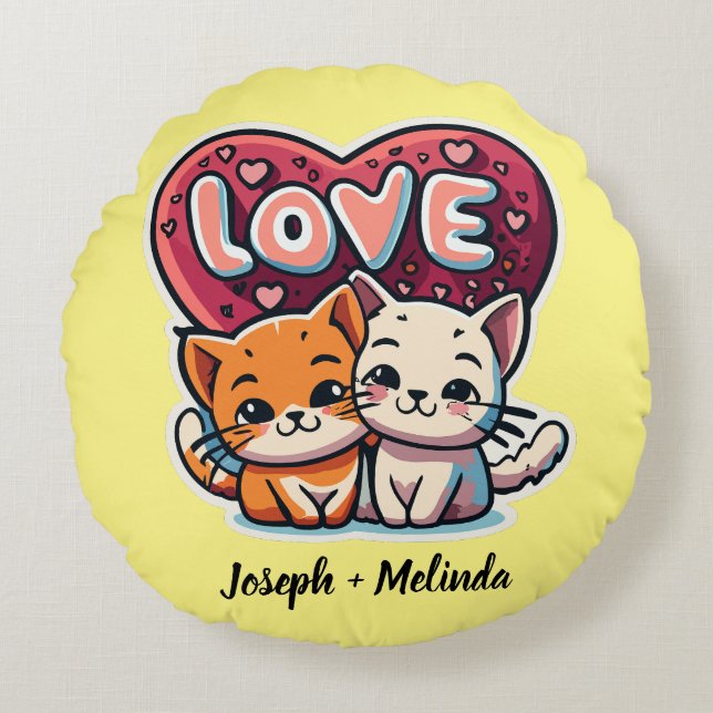 Coussins Ronds Amoureux des chats de dessin (Devant)