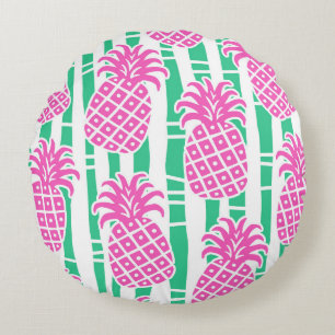 Coussins Ronds Ananas Bambou rayures rose et Motif vert
