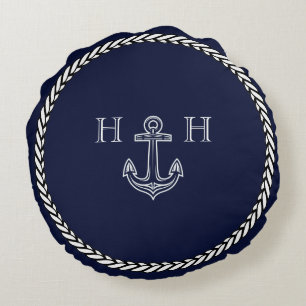 Coussins Ronds Ancre Bleue Marine de Navigation Monogramme Côtièr