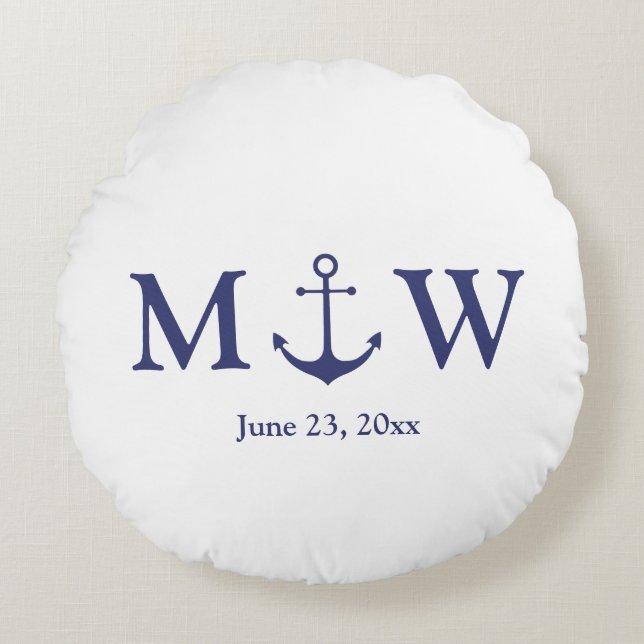 Coussins Ronds ancre nautique mariage marine bleu blanc monogramm (Devant)