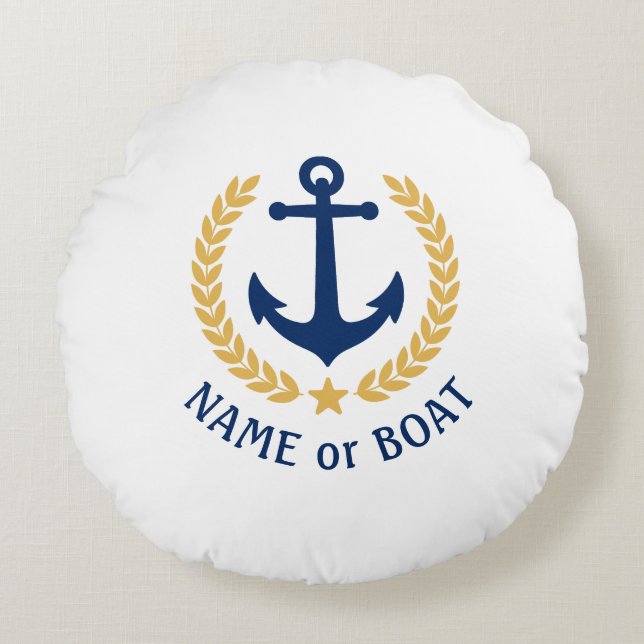 Coussins Ronds Ancre nautique Votre nom de bateau Gold Laurel Whi (Devant)