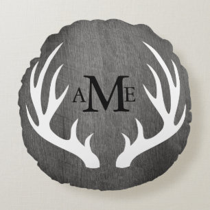 Coussins Ronds Andouillers blancs en bois gris rustiques de cerfs