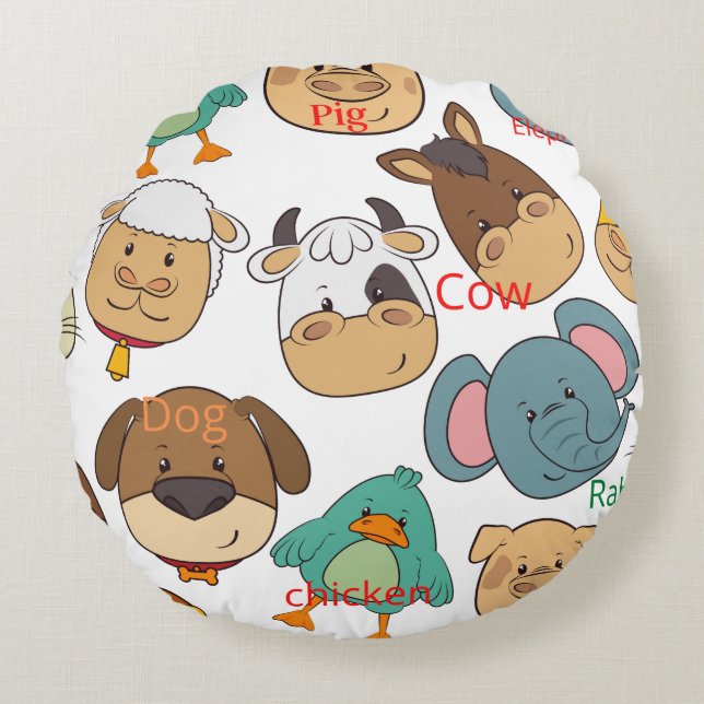 Coussins Ronds Animaux adorables éléphant vache chien enfants pép (Devant)