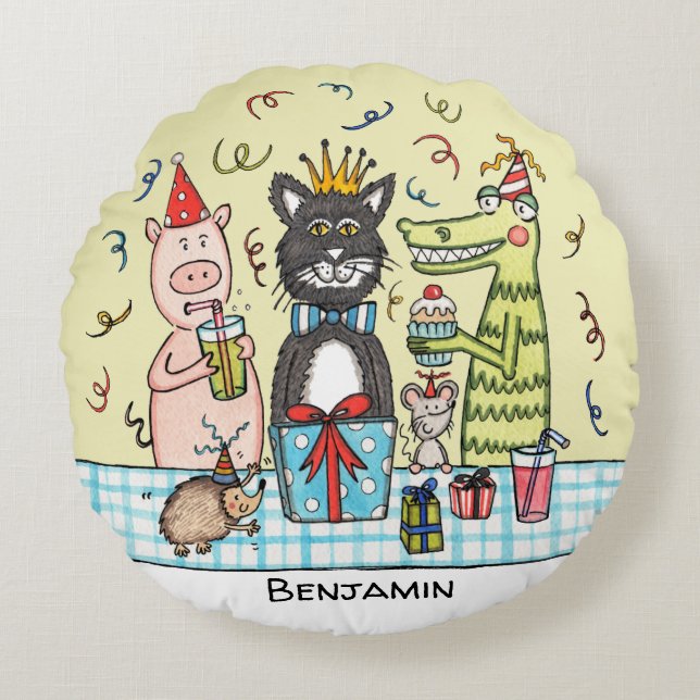 Coussins Ronds Animaux de la fête de l'enfant personnalisés autou (Devant)
