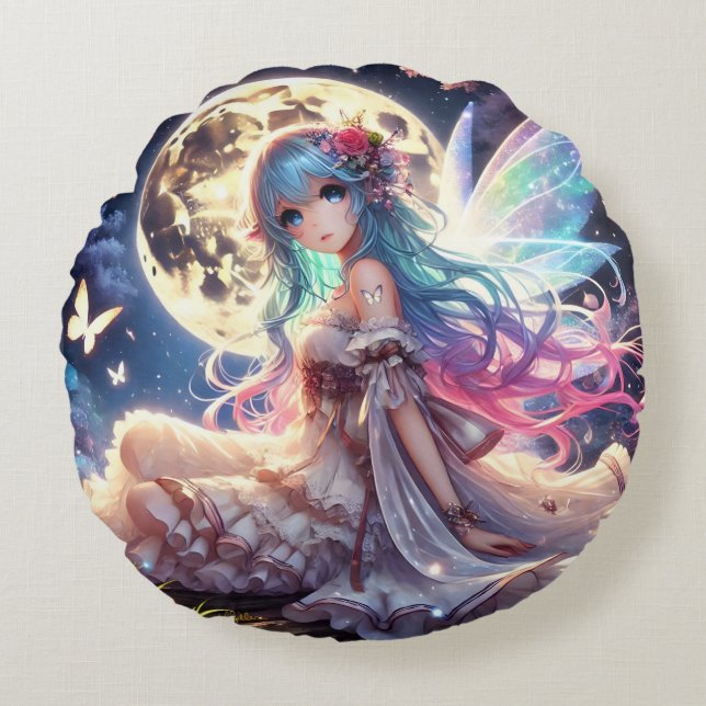 Coussins Ronds Anime Girl Moon Fairy Princesse dans le jardin (Devant)