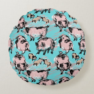 Coussins Ronds Année chinoise du porc 2019 Dessin original Bleu r