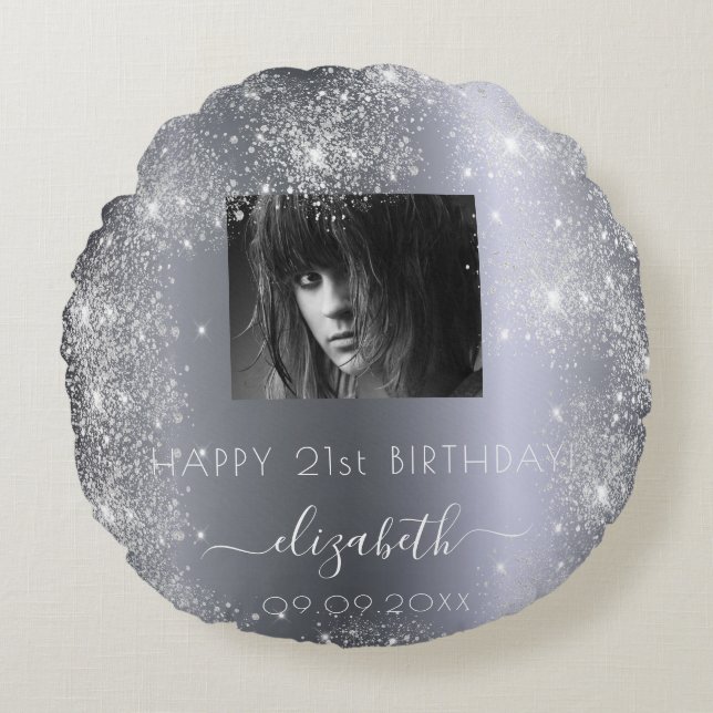 Coussins Ronds Anniversaire photo personnalisée argent parties sc (Devant)