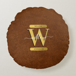 Coussins Ronds Antique Faux Cuir & Or Monogramme