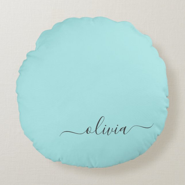 Coussins Ronds Aqua Blue Turquoise Moderne Script Girl Monogramme (Devant)