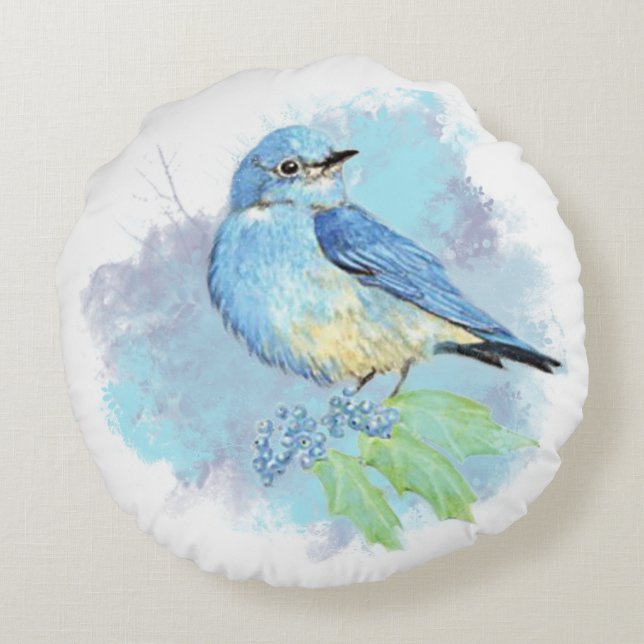Coussins Ronds Aquarelle Bleu Bleu Joli Jardin Bleu Oiseau Art (Dos)