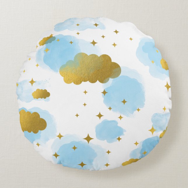 Coussins Ronds Aquarelle bleue Nuages Gold Stars Sky (Devant)