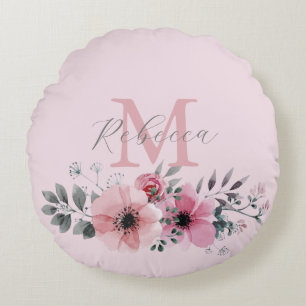 Coussins Ronds Aquarelle botanique chic rose pâle