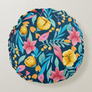 Coussins Ronds Aquarelle botanique : fleurs, ornement feuille.
