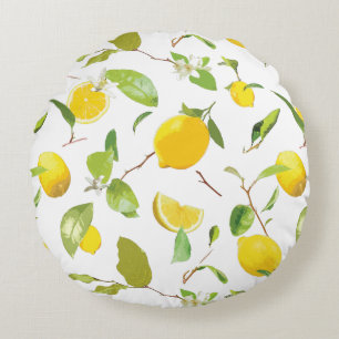Coussins Ronds Aquarelle Citron et Feuilles 2