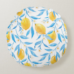 Coussins Ronds Aquarelle Citron et Feuilles bleus
