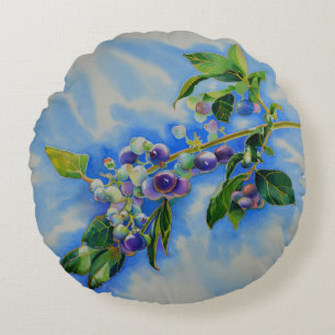 Coussins Ronds Aquarelle de bleuet, peinture bleu, fruit
