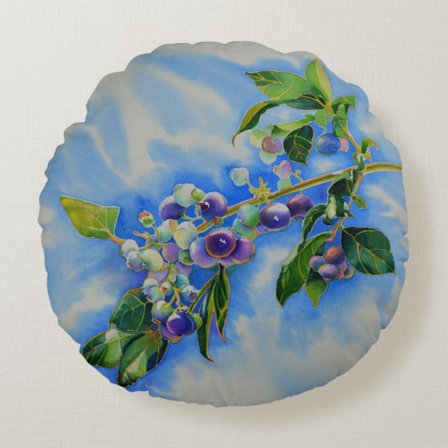 Coussins Ronds Aquarelle de bleuet, peinture bleu, fruit (Devant)