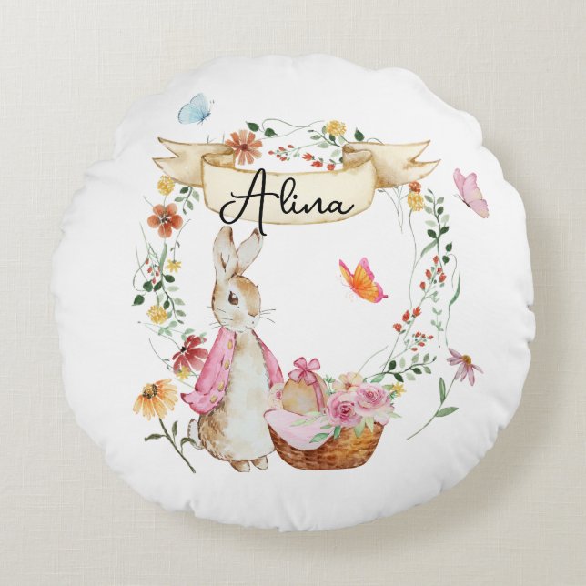 Coussins Ronds Aquarelle de Pâques de lapin rose personnalisée (Devant)