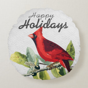 Coussins Ronds Aquarelle d'hiver Cardinal Joyeuses vacances