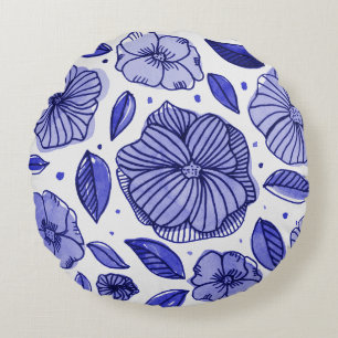 Coussins Ronds Aquarelle et fleurs d'encre - palette bleue