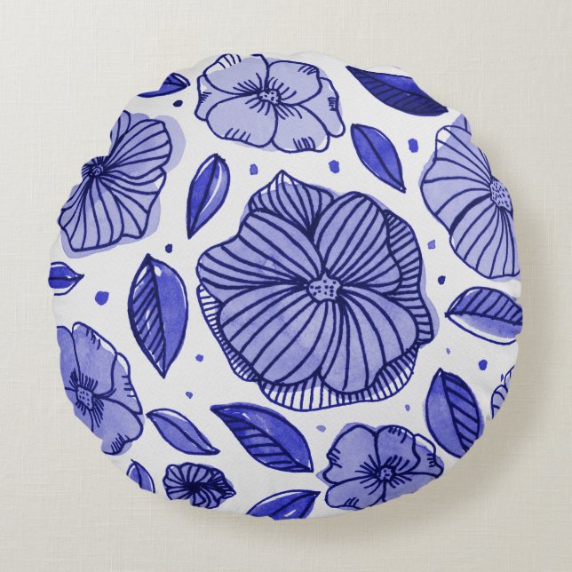 Coussins Ronds Aquarelle et fleurs d'encre - palette bleue (Devant)