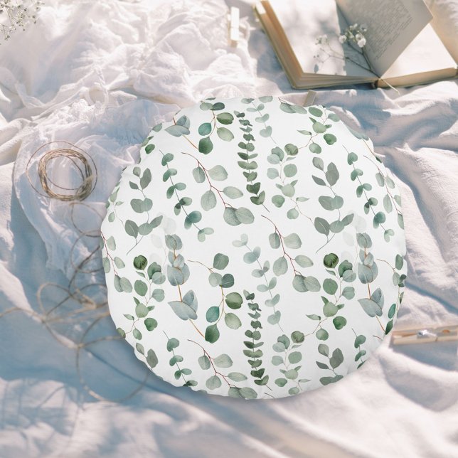 Coussins Ronds Aquarelle Eucalyptus Motif Floral (In situ)