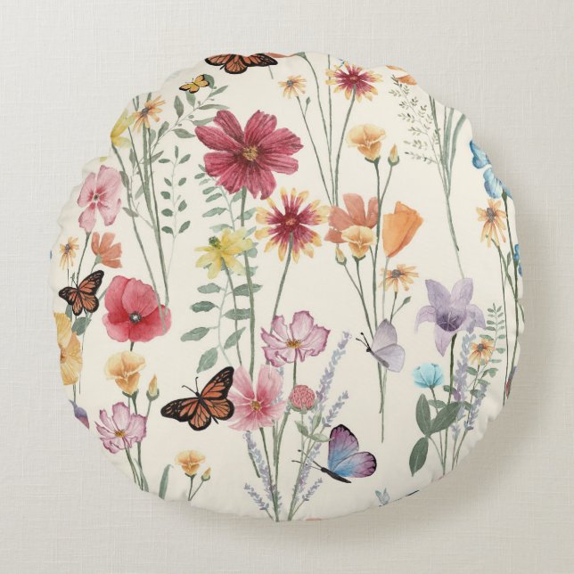 Coussins Ronds Aquarelle Fleurs sauvages Printemps été Meadow (Devant)