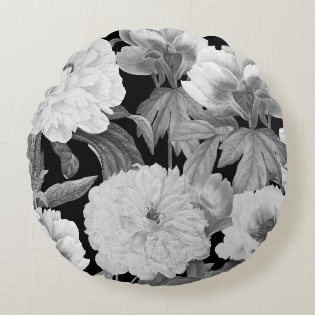 Coussins Ronds Aquarelle florale Black & White Peonies (Devant)