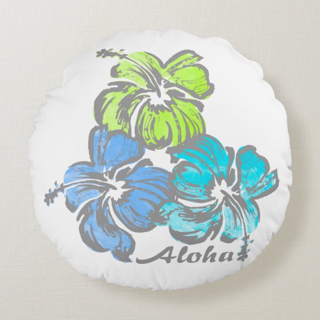Coussins Ronds Aquarelle Hibiscus Hawaiian Floral Reversible (Devant)