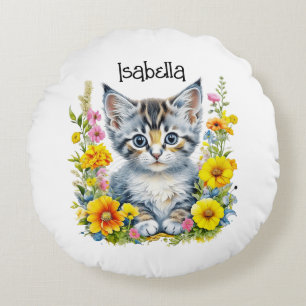 Coussins Ronds Aquarelle Kitten en Fleurs Personnalisé