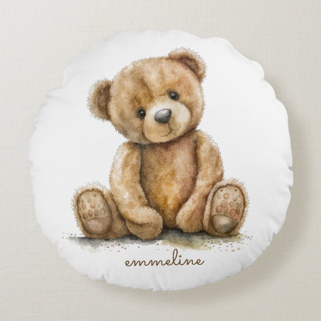 Coussins Ronds Aquarelle mignonette Ours en peluche Personnalisé (Devant)