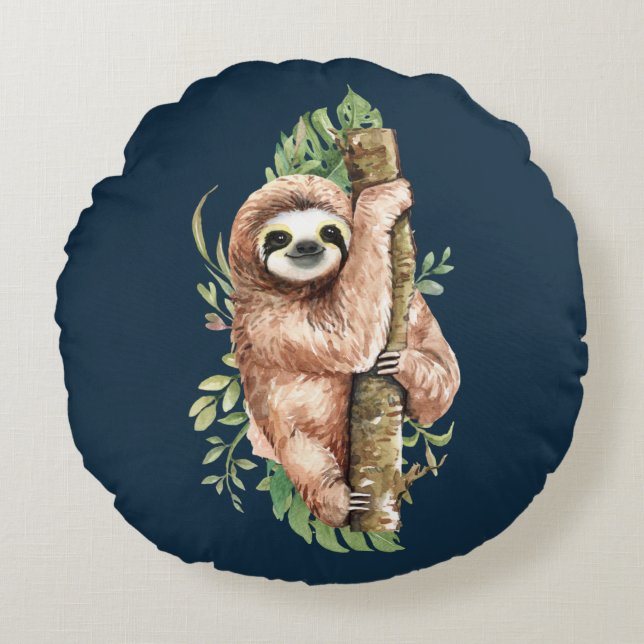 Coussins Ronds Aquarelle mignonne Sloth & Feuilles tropicaux (Devant)